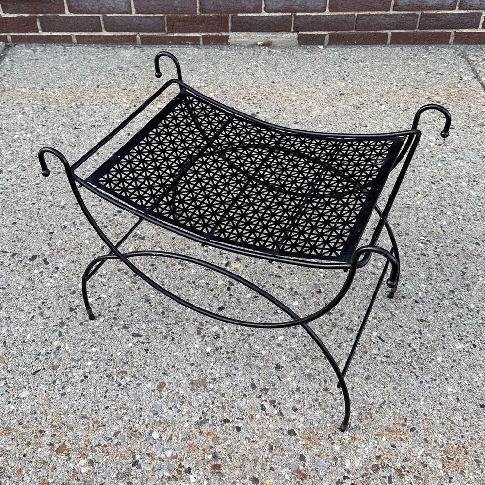 Mid-Century Modern Perforated Black Metal Vanity Bench Stool